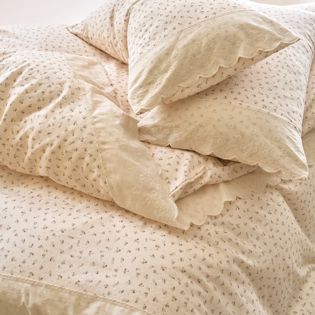 91家纺网 家纺一手货源 找家纺 洋铭区（原狠狠爱） 2025新款A类全棉蕾丝花边双层纱四件套 红糖花枝