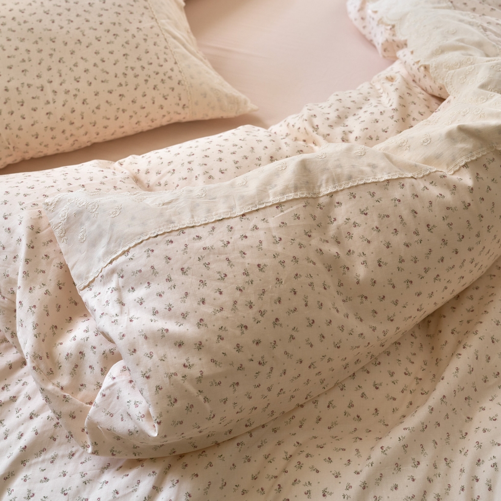 91家纺网 家纺一手货源 找家纺 洋铭区（原狠狠爱） 2025新款A类全棉蕾丝花边双层纱四件套 红糖花枝