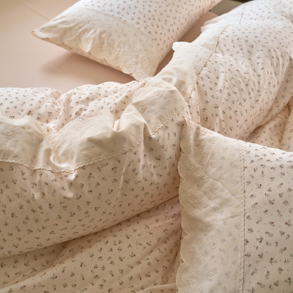 91家纺网 家纺一手货源 找家纺 洋铭区（原狠狠爱） 2025新款A类全棉蕾丝花边双层纱四件套 红糖花枝