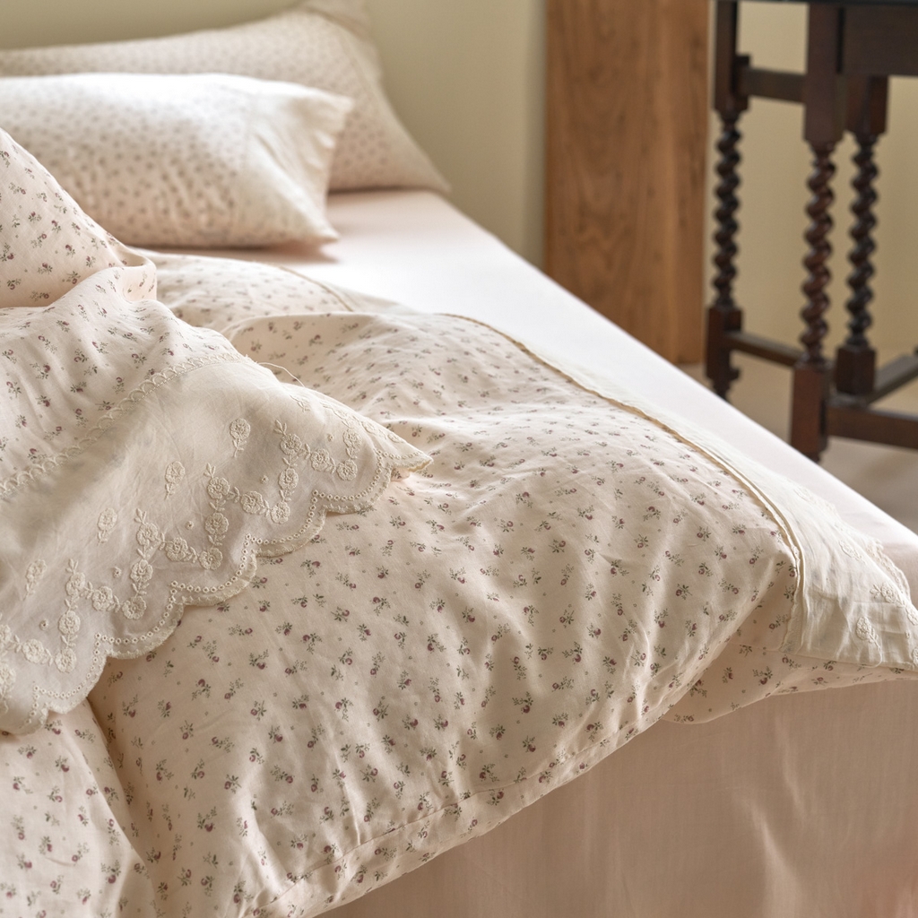 91家纺网 家纺一手货源 找家纺 洋铭区（原狠狠爱） 2025新款A类全棉蕾丝花边双层纱四件套 红糖花枝