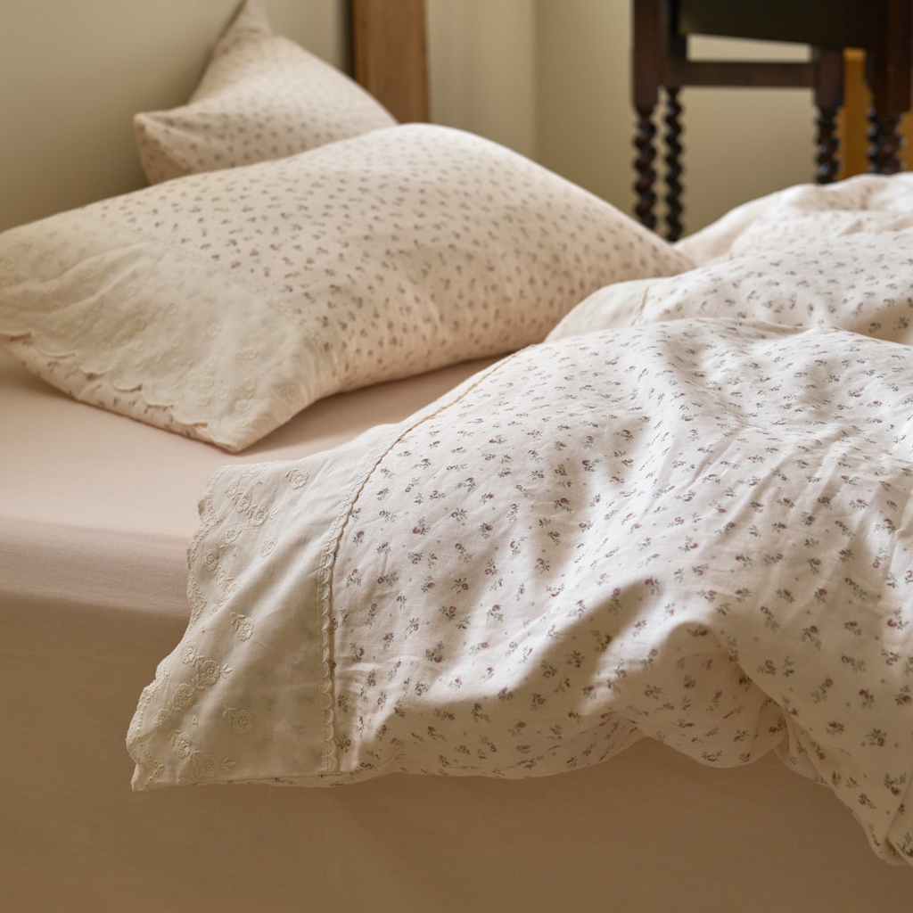 91家纺网 家纺一手货源 找家纺 洋铭区（原狠狠爱） 2025新款A类全棉蕾丝花边双层纱四件套 红糖花枝