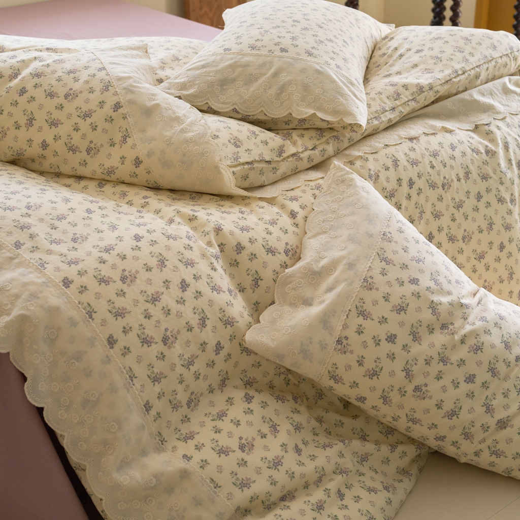 91家纺网 家纺一手货源 找家纺 洋铭区（原狠狠爱） 2025新款A类全棉蕾丝花边双层纱四件套 萝紫蜜果