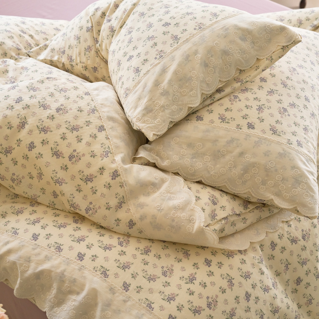 91家纺网 家纺一手货源 找家纺 洋铭区（原狠狠爱） 2025新款A类全棉蕾丝花边双层纱四件套 萝紫蜜果