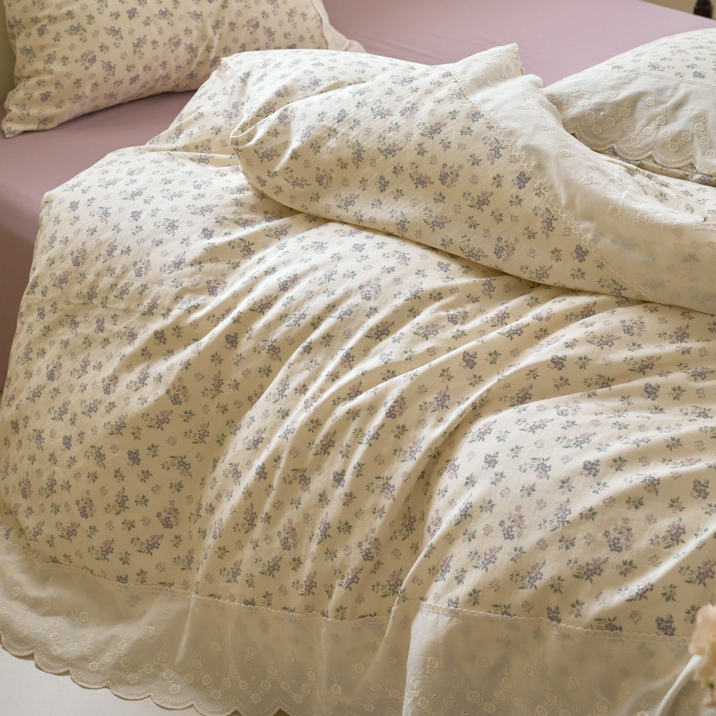 91家纺网 家纺一手货源 找家纺 洋铭区（原狠狠爱） 2025新款A类全棉蕾丝花边双层纱四件套 萝紫蜜果