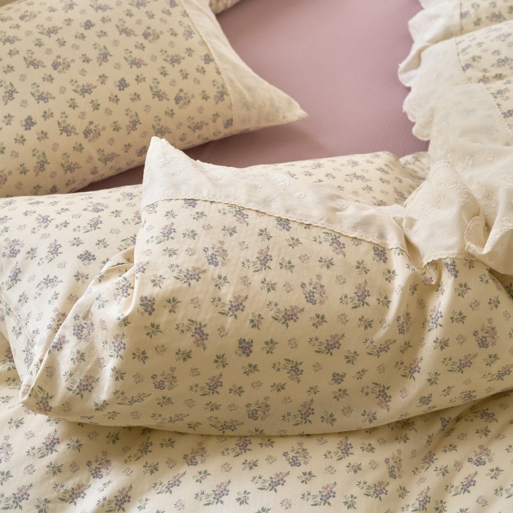 91家纺网 家纺一手货源 找家纺 洋铭区（原狠狠爱） 2025新款A类全棉蕾丝花边双层纱四件套 萝紫蜜果