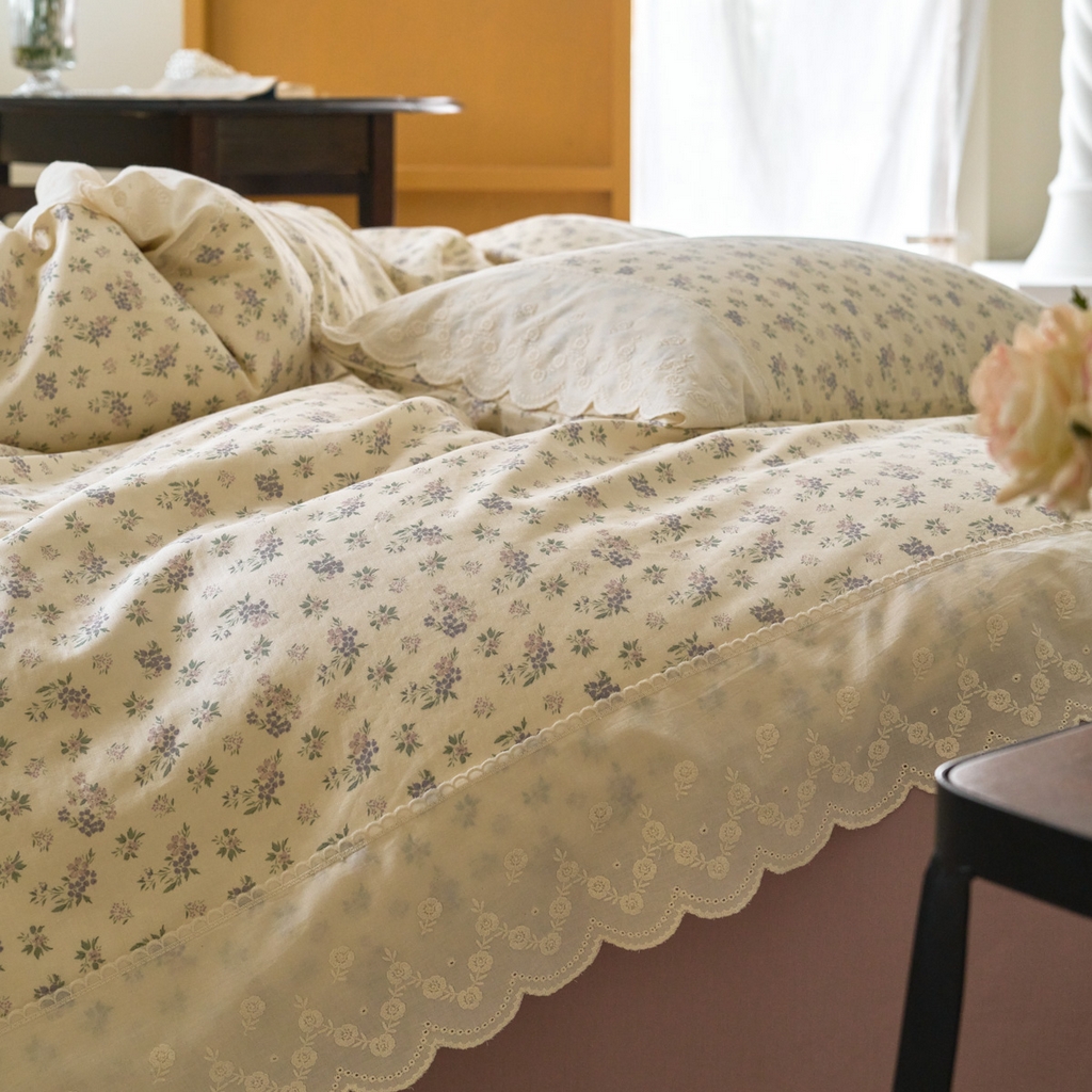 91家纺网 家纺一手货源 找家纺 洋铭区（原狠狠爱） 2025新款A类全棉蕾丝花边双层纱四件套 萝紫蜜果