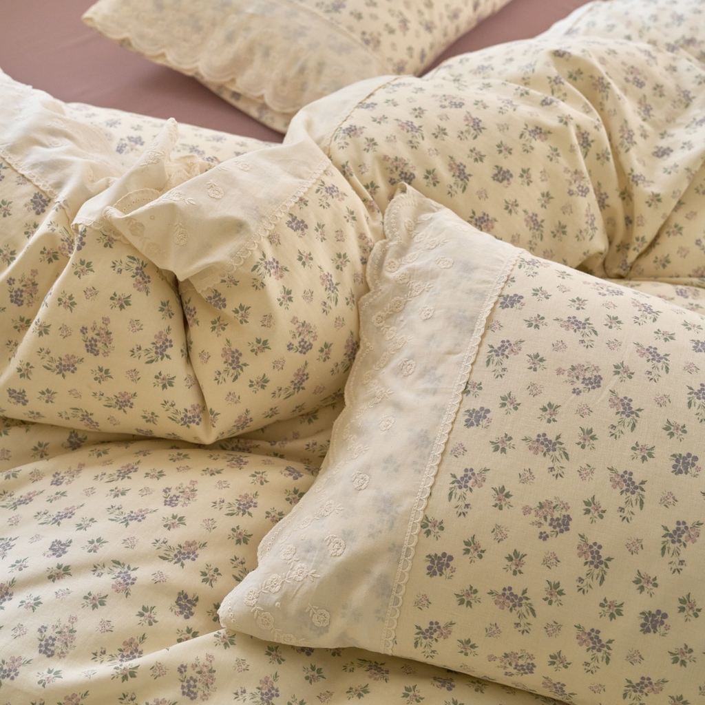 91家纺网 家纺一手货源 找家纺 洋铭区（原狠狠爱） 2025新款A类全棉蕾丝花边双层纱四件套 萝紫蜜果