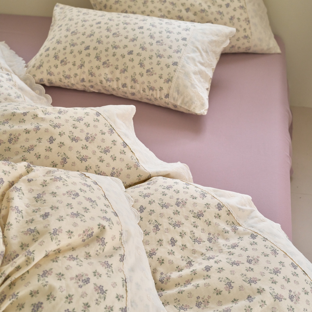 91家纺网 家纺一手货源 找家纺 洋铭区（原狠狠爱） 2025新款A类全棉蕾丝花边双层纱四件套 萝紫蜜果