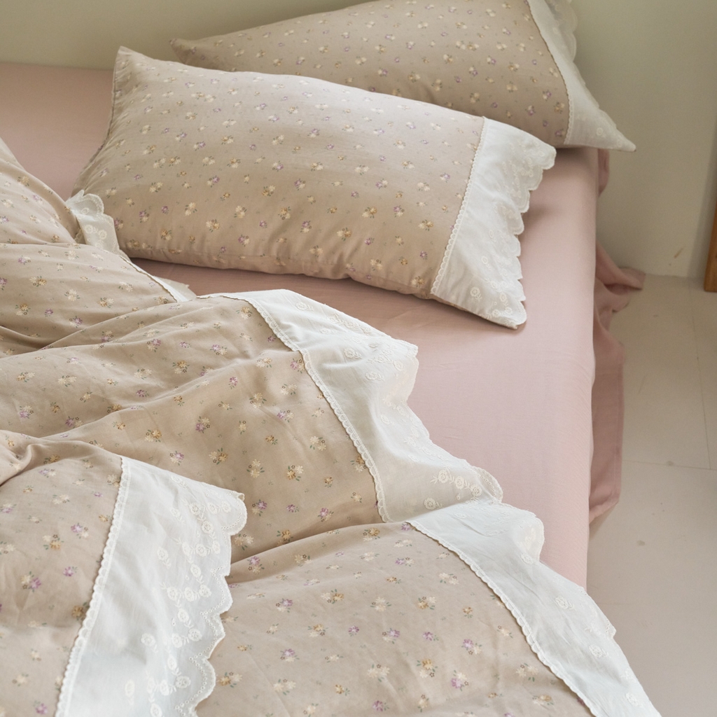 91家纺网 家纺一手货源 找家纺 洋铭区（原狠狠爱） 2025新款A类全棉蕾丝花边双层纱四件套 迷迭香甜