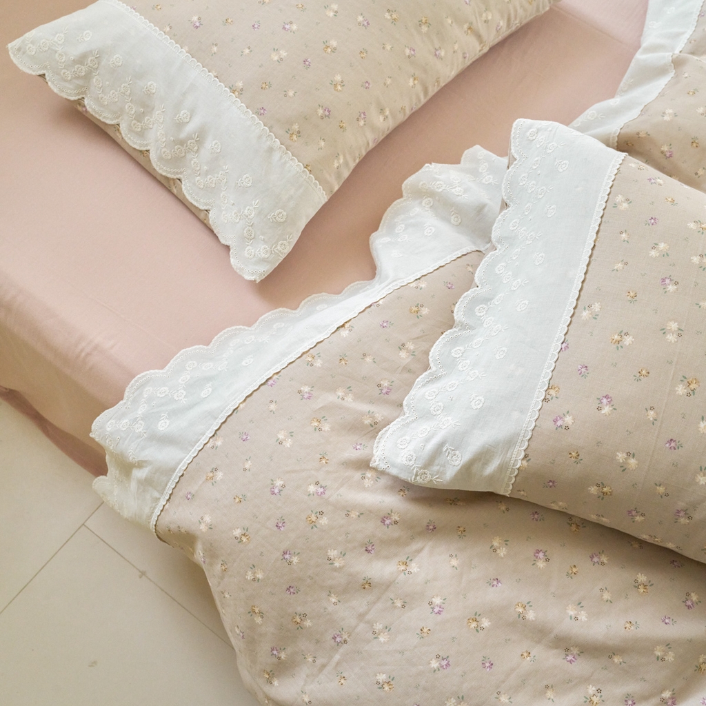 91家纺网 家纺一手货源 找家纺 洋铭区（原狠狠爱） 2025新款A类全棉蕾丝花边双层纱四件套 迷迭香甜