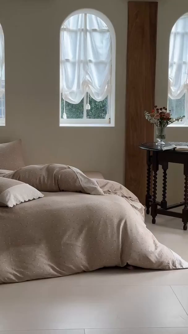 91家纺网 家纺一手货源 找家纺 洋铭区（原狠狠爱） 2025新款A类全棉蕾丝花边双层纱四件套 迷迭香甜