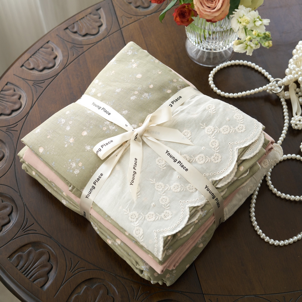 91家纺网 家纺一手货源 找家纺 洋铭区（原狠狠爱） 2025新款A类全棉蕾丝花边双层纱四件套 清晨绿园