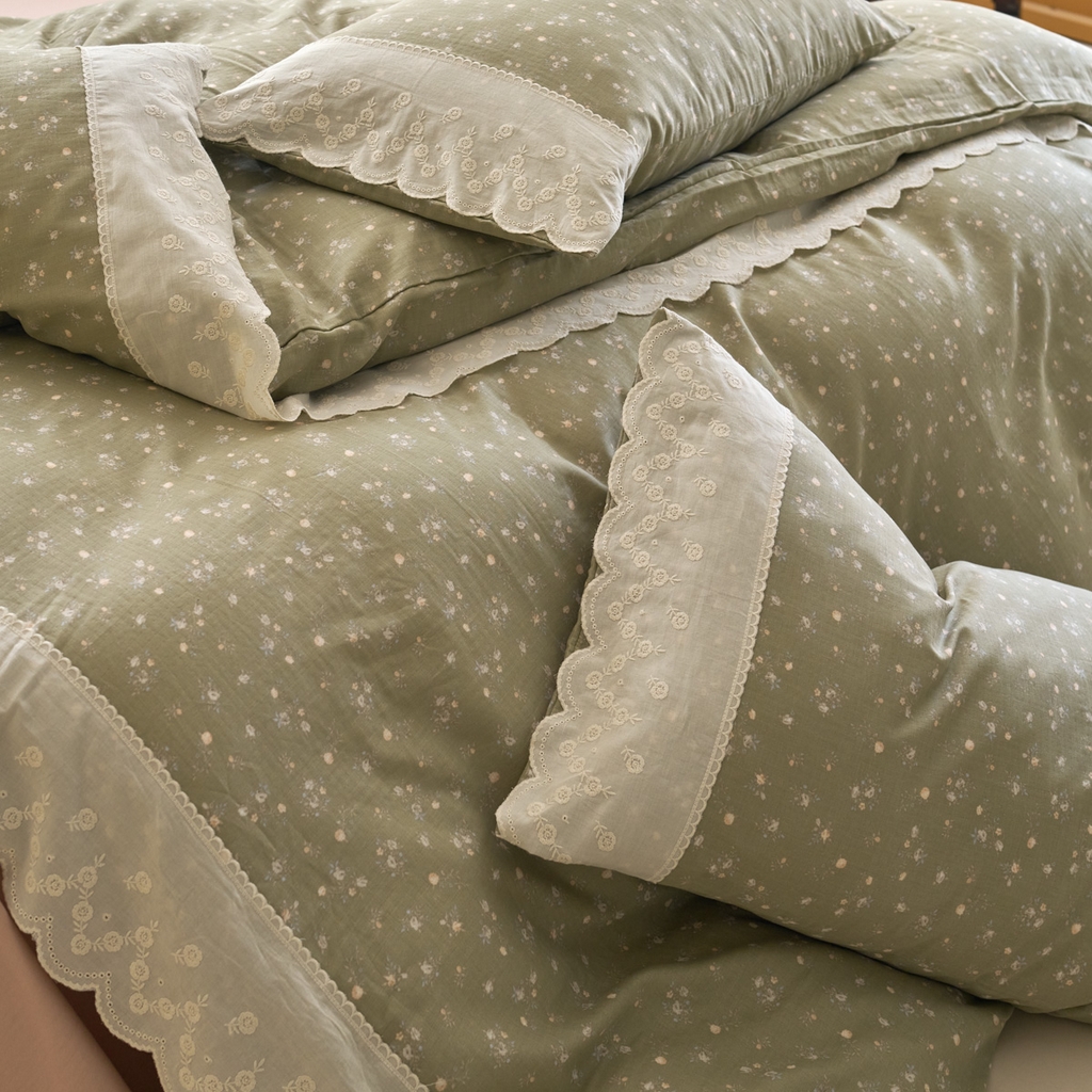 91家纺网 家纺一手货源 找家纺 洋铭区（原狠狠爱） 2025新款A类全棉蕾丝花边双层纱四件套 清晨绿园