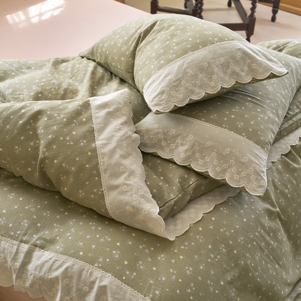 91家纺网 家纺一手货源 找家纺 洋铭区（原狠狠爱） 2025新款A类全棉蕾丝花边双层纱四件套 清晨绿园