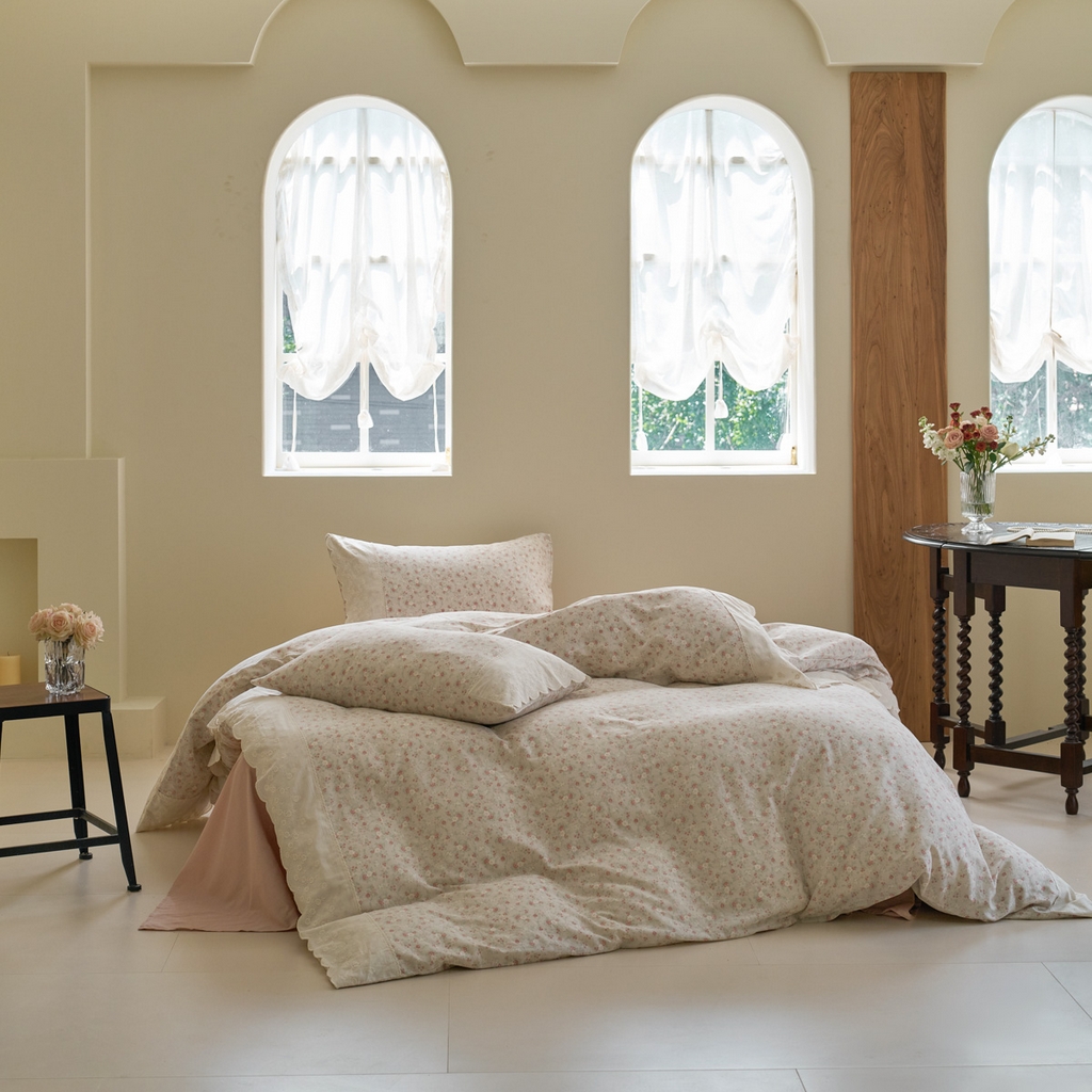 洋铭区（原狠狠爱） 2025新款A类全棉蕾丝花边双层纱四件套 水粉花