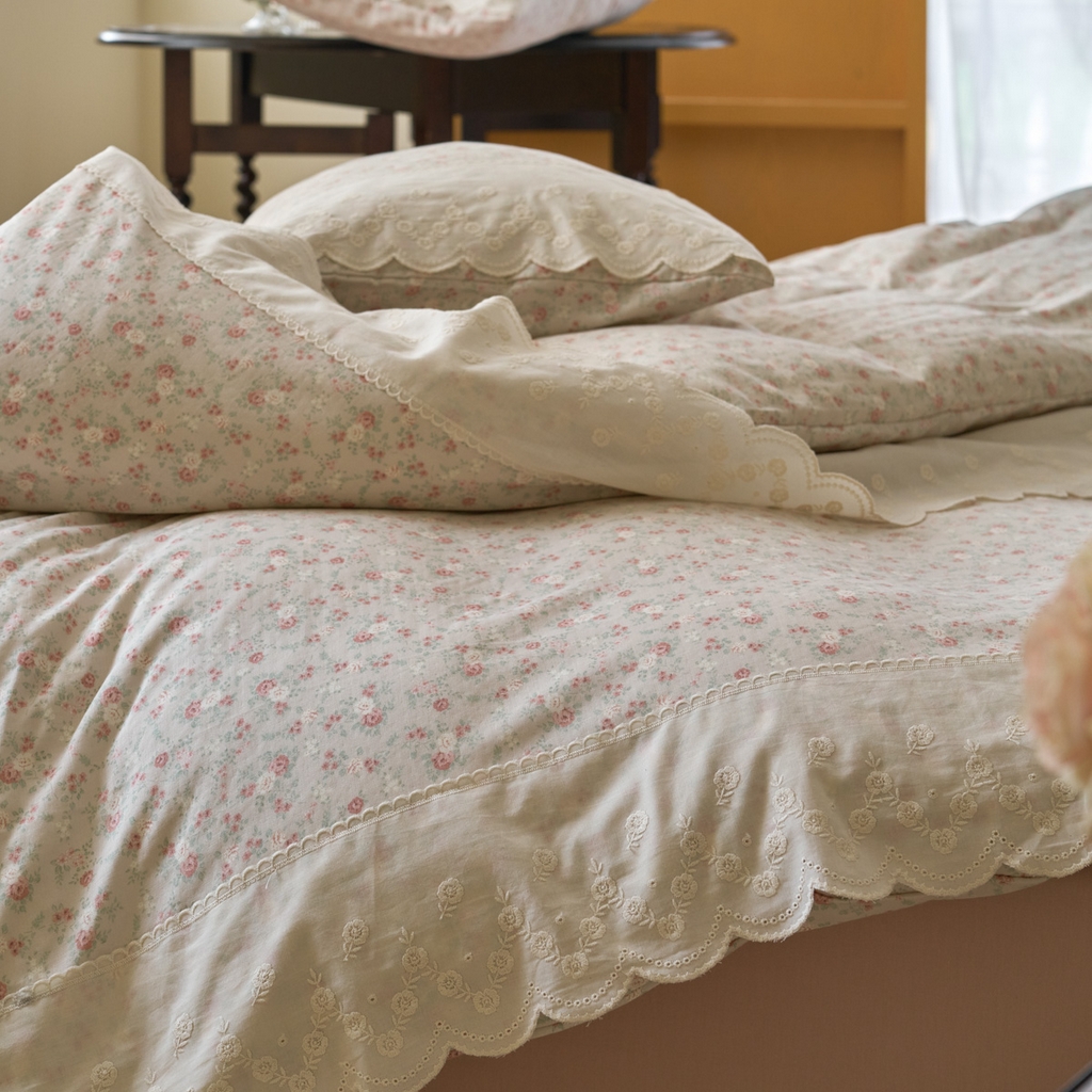 91家纺网 家纺一手货源 找家纺 洋铭区（原狠狠爱） 2025新款A类全棉蕾丝花边双层纱四件套 水粉花