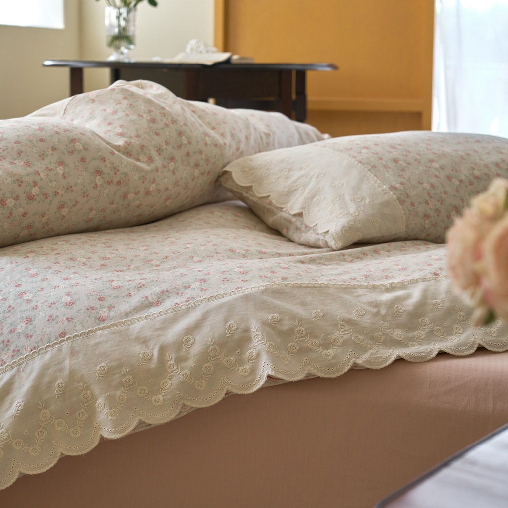 91家纺网 家纺一手货源 找家纺 洋铭区（原狠狠爱） 2025新款A类全棉蕾丝花边双层纱四件套 水粉花