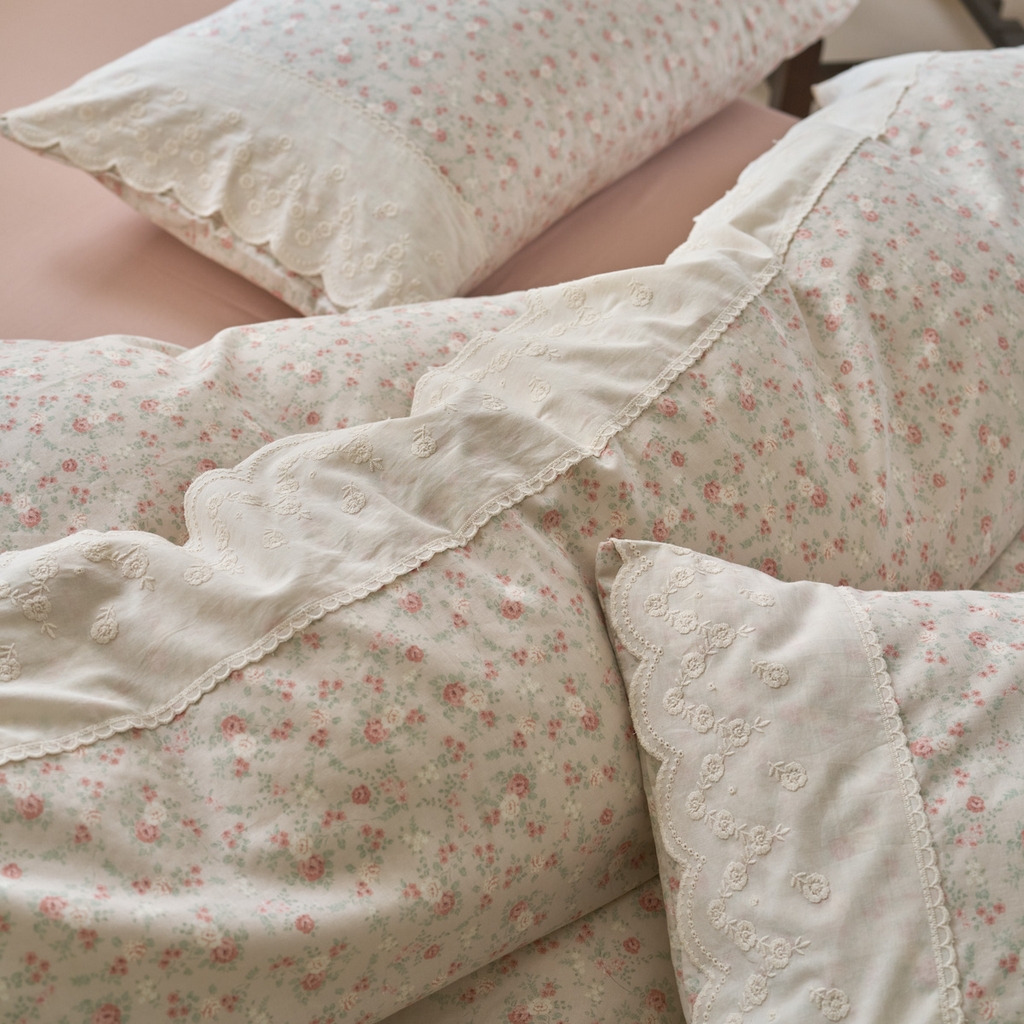 91家纺网 家纺一手货源 找家纺 洋铭区（原狠狠爱） 2025新款A类全棉蕾丝花边双层纱四件套 水粉花