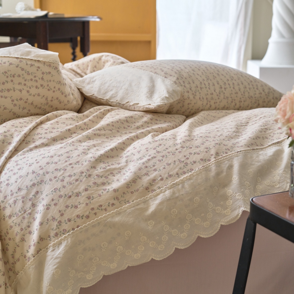 91家纺网 家纺一手货源 找家纺 洋铭区（原狠狠爱） 2025新款A类全棉蕾丝花边双层纱四件套 杏色菊香