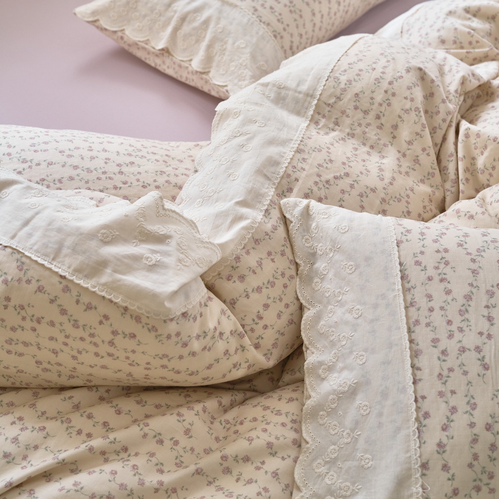 91家纺网 家纺一手货源 找家纺 洋铭区（原狠狠爱） 2025新款A类全棉蕾丝花边双层纱四件套 杏色菊香