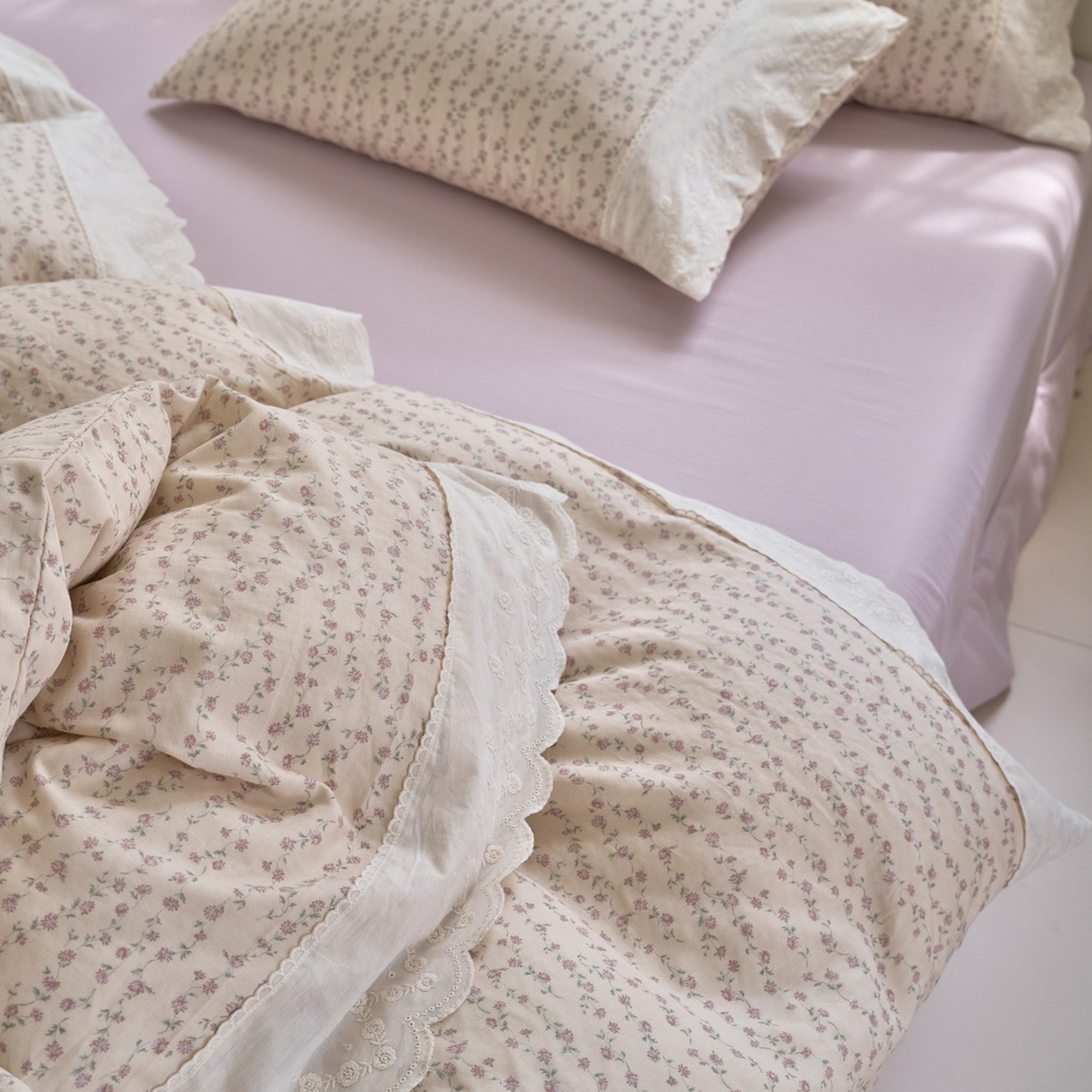 91家纺网 家纺一手货源 找家纺 洋铭区（原狠狠爱） 2025新款A类全棉蕾丝花边双层纱四件套 杏色菊香