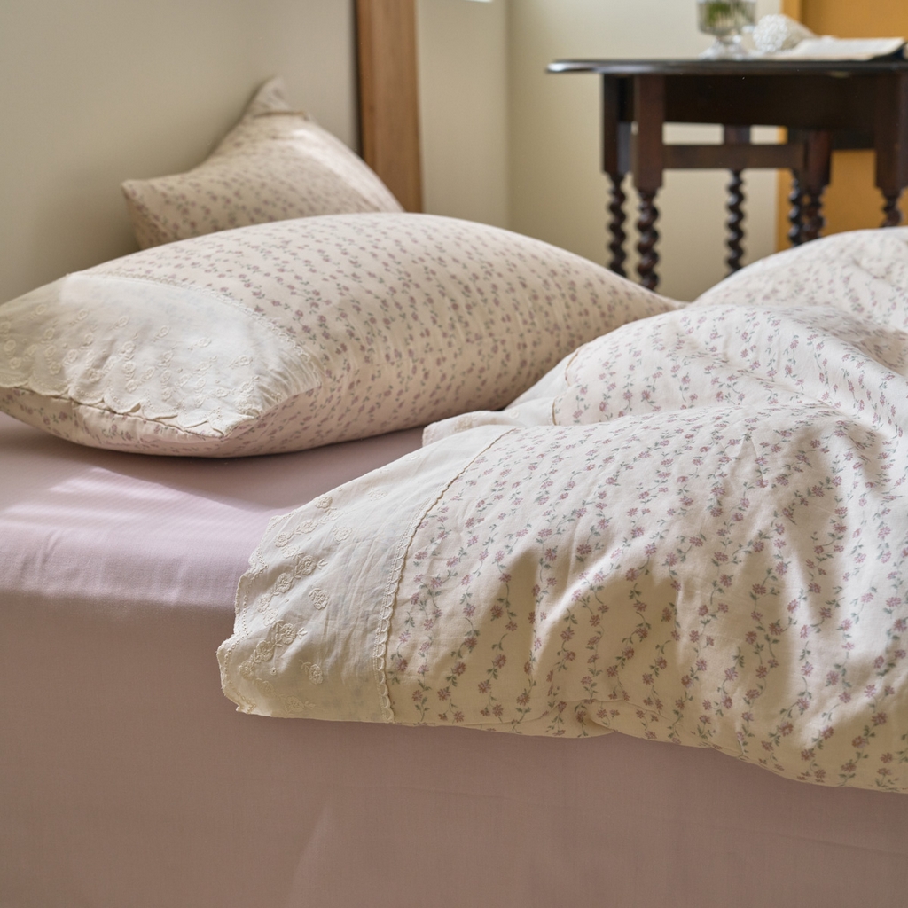 91家纺网 家纺一手货源 找家纺 洋铭区（原狠狠爱） 2025新款A类全棉蕾丝花边双层纱四件套 杏色菊香