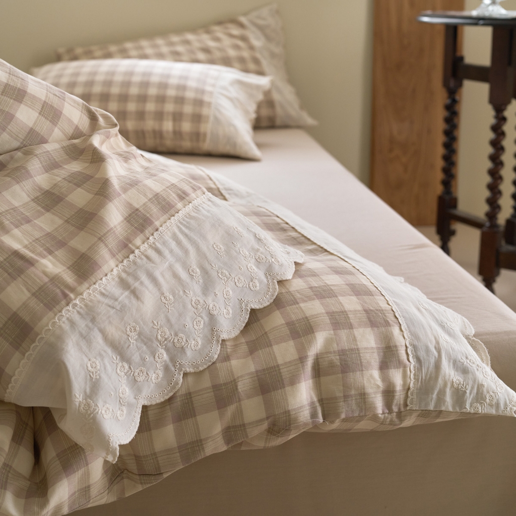 91家纺网 家纺一手货源 找家纺 洋铭区（原狠狠爱） 2025新款A类全棉蕾丝花边双层纱四件套 亚卡格