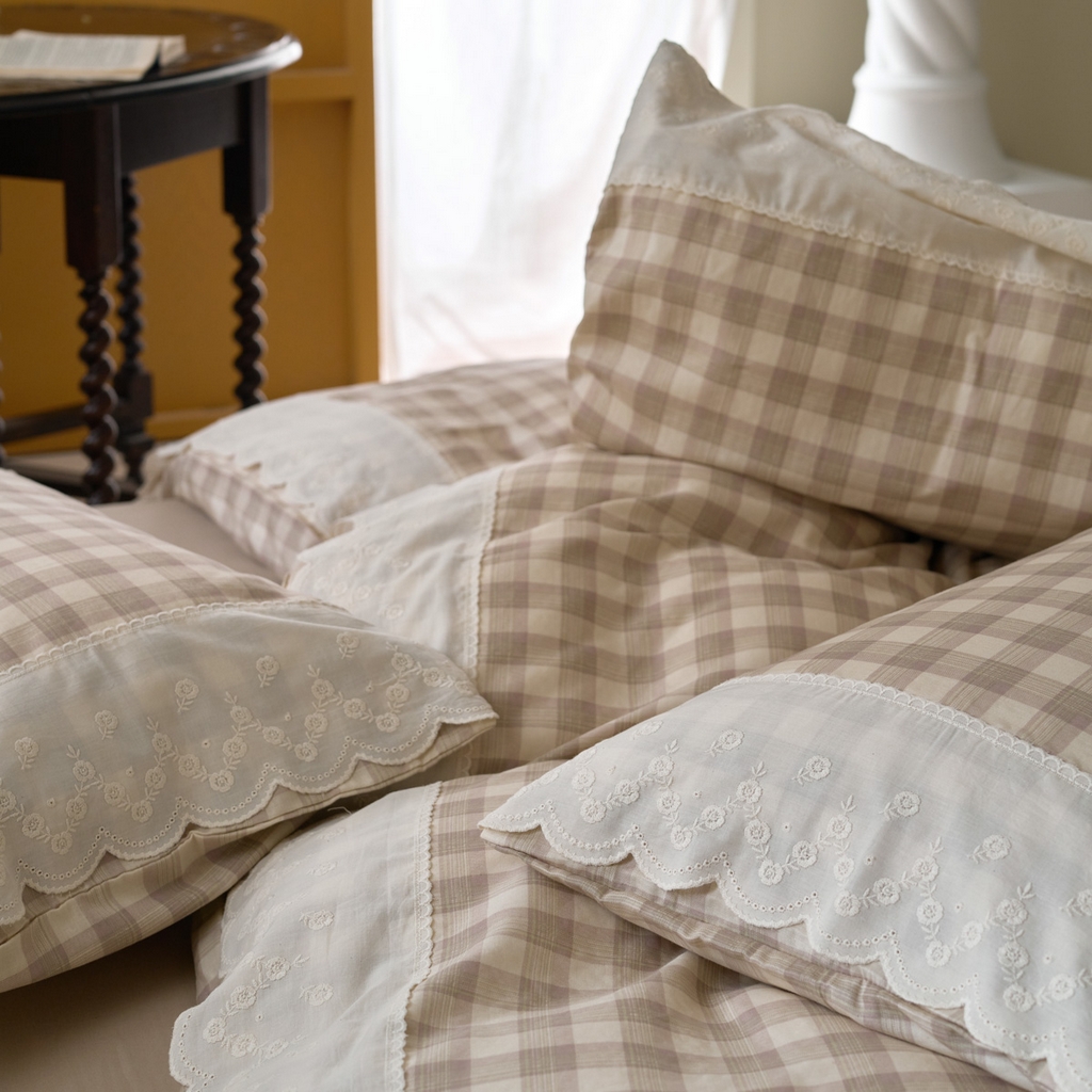 91家纺网 家纺一手货源 找家纺 洋铭区（原狠狠爱） 2025新款A类全棉蕾丝花边双层纱四件套 亚卡格