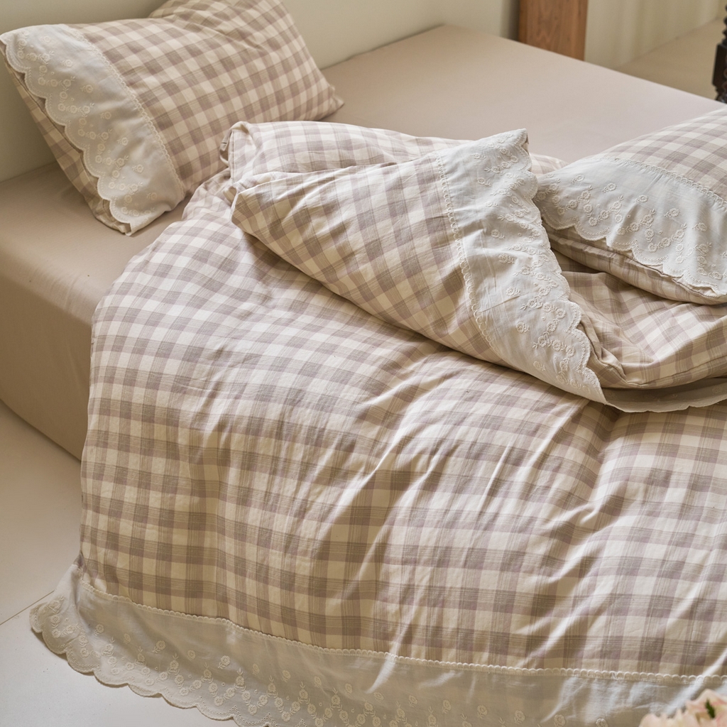 91家纺网 家纺一手货源 找家纺 洋铭区（原狠狠爱） 2025新款A类全棉蕾丝花边双层纱四件套 亚卡格