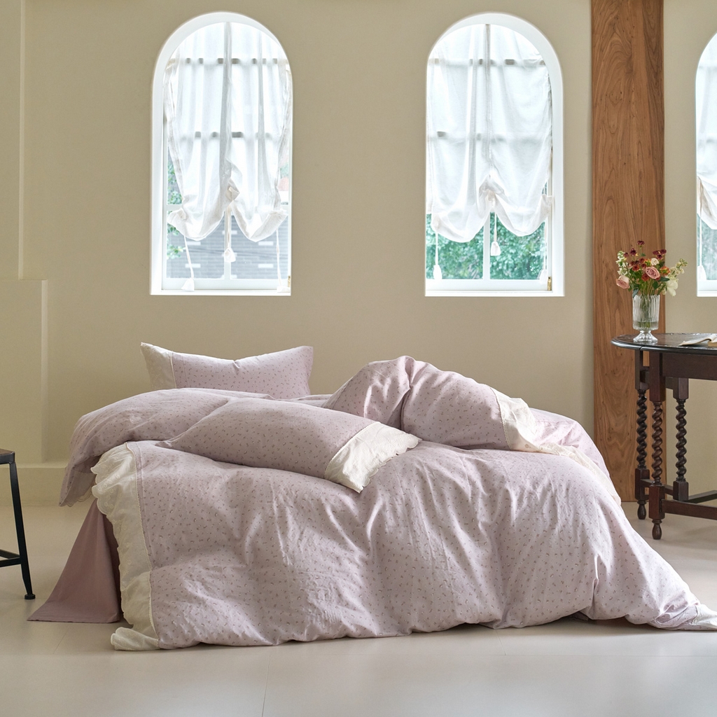 洋铭区（原狠狠爱） 2025新款A类全棉蕾丝花边双层纱四件套 紫萱朵朵