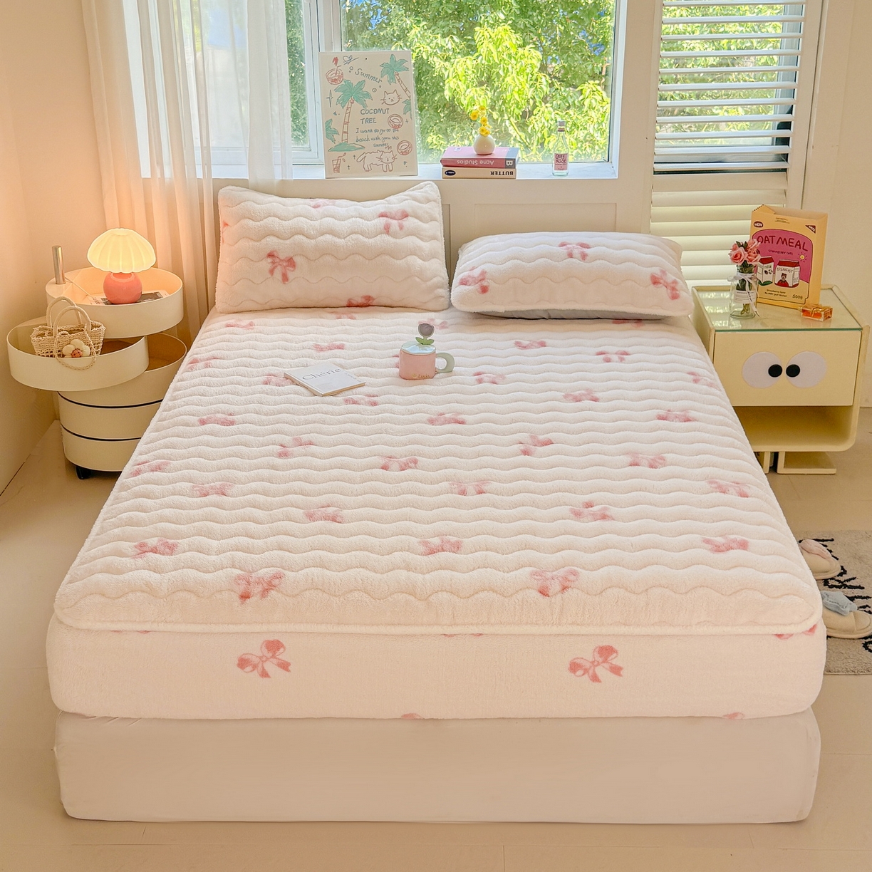 91家纺网 家纺一手货源 找家纺 LIFE.丽芙 2025秋冬新款北极绒加厚夹棉单床笠款床垫子保护套牛奶绒保暖床罩子三件套 蝶梦-粉