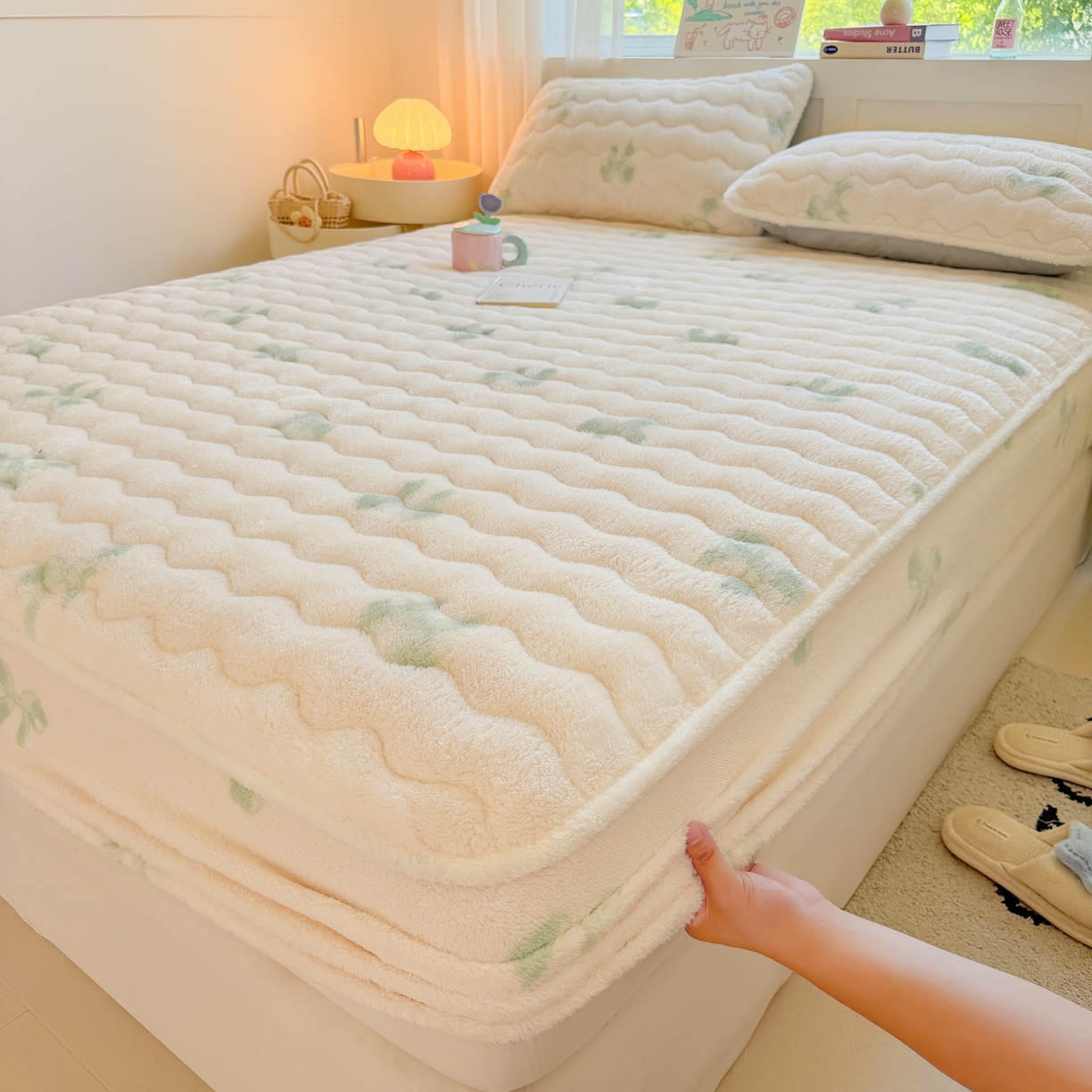 91家纺网 家纺一手货源 找家纺 LIFE.丽芙 2025秋冬新款北极绒加厚夹棉单床笠款床垫子保护套牛奶绒保暖床罩子三件套 蝶梦-绿