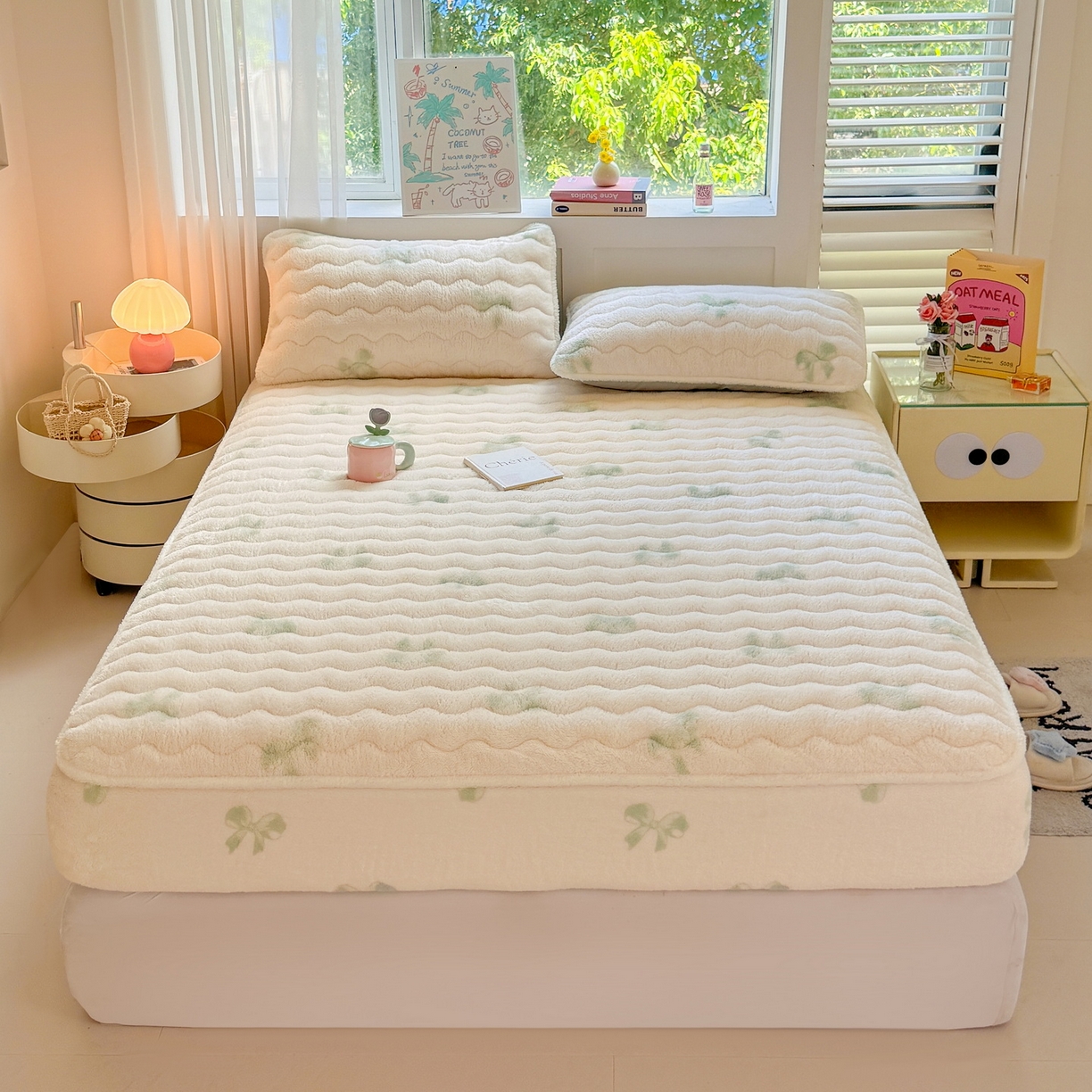 91家纺网 家纺一手货源 找家纺 LIFE.丽芙 2025秋冬新款北极绒加厚夹棉单床笠款床垫子保护套牛奶绒保暖床罩子三件套 蝶梦-绿