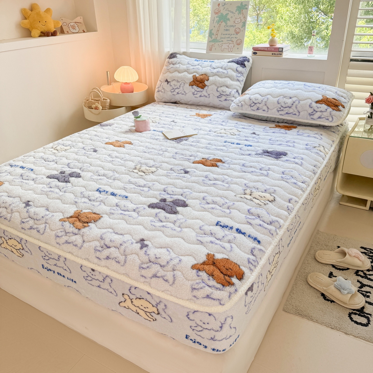 91家纺网 家纺一手货源 找家纺 LIFE.丽芙 2025秋冬新款北极绒加厚夹棉单床笠款床垫子保护套牛奶绒保暖床罩子三件套 追逐-蓝