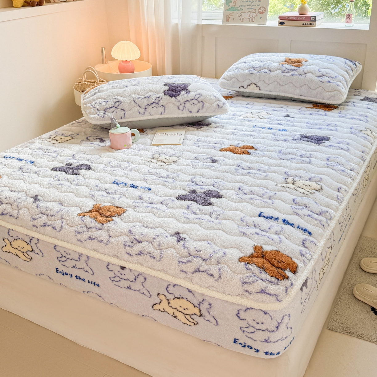 91家纺网 家纺一手货源 找家纺 LIFE.丽芙 2025秋冬新款北极绒加厚夹棉单床笠款床垫子保护套牛奶绒保暖床罩子三件套 追逐-蓝