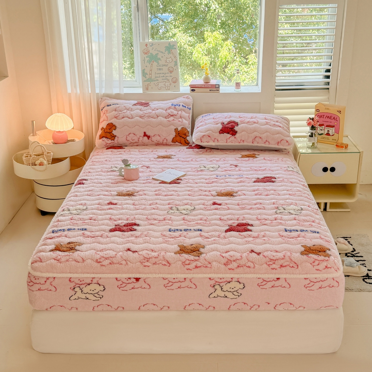 91家纺网 家纺一手货源 找家纺 LIFE.丽芙 2025秋冬新款北极绒加厚夹棉单床笠款床垫子保护套牛奶绒保暖床罩子三件套 追逐-粉