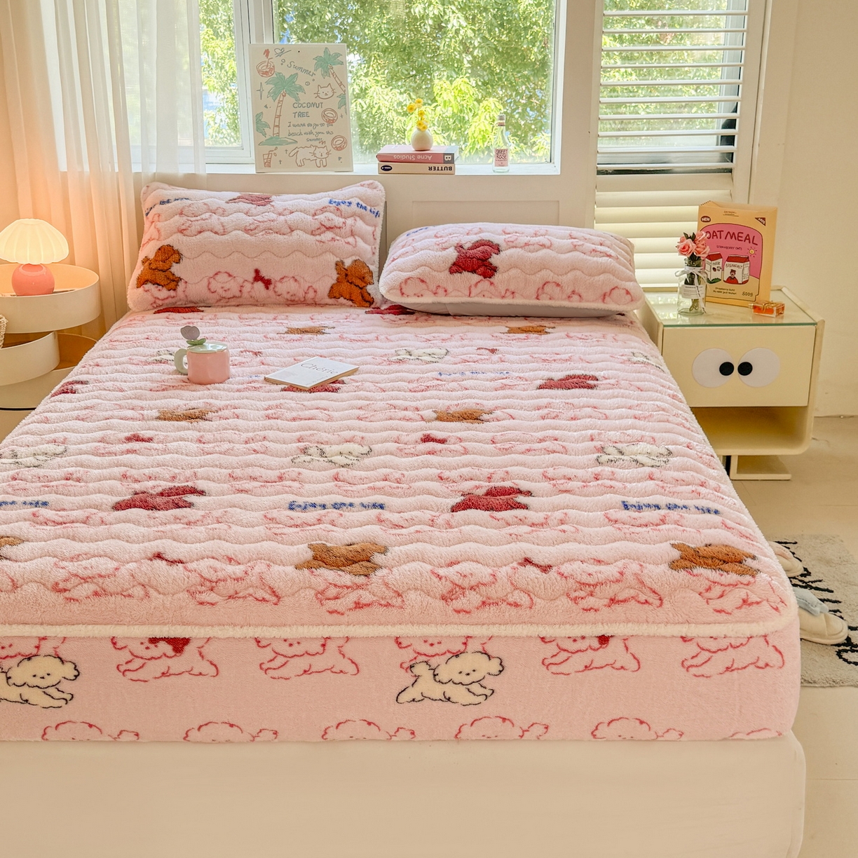 91家纺网 家纺一手货源 找家纺 LIFE.丽芙 2025秋冬新款北极绒加厚夹棉单床笠款床垫子保护套牛奶绒保暖床罩子三件套 追逐-粉