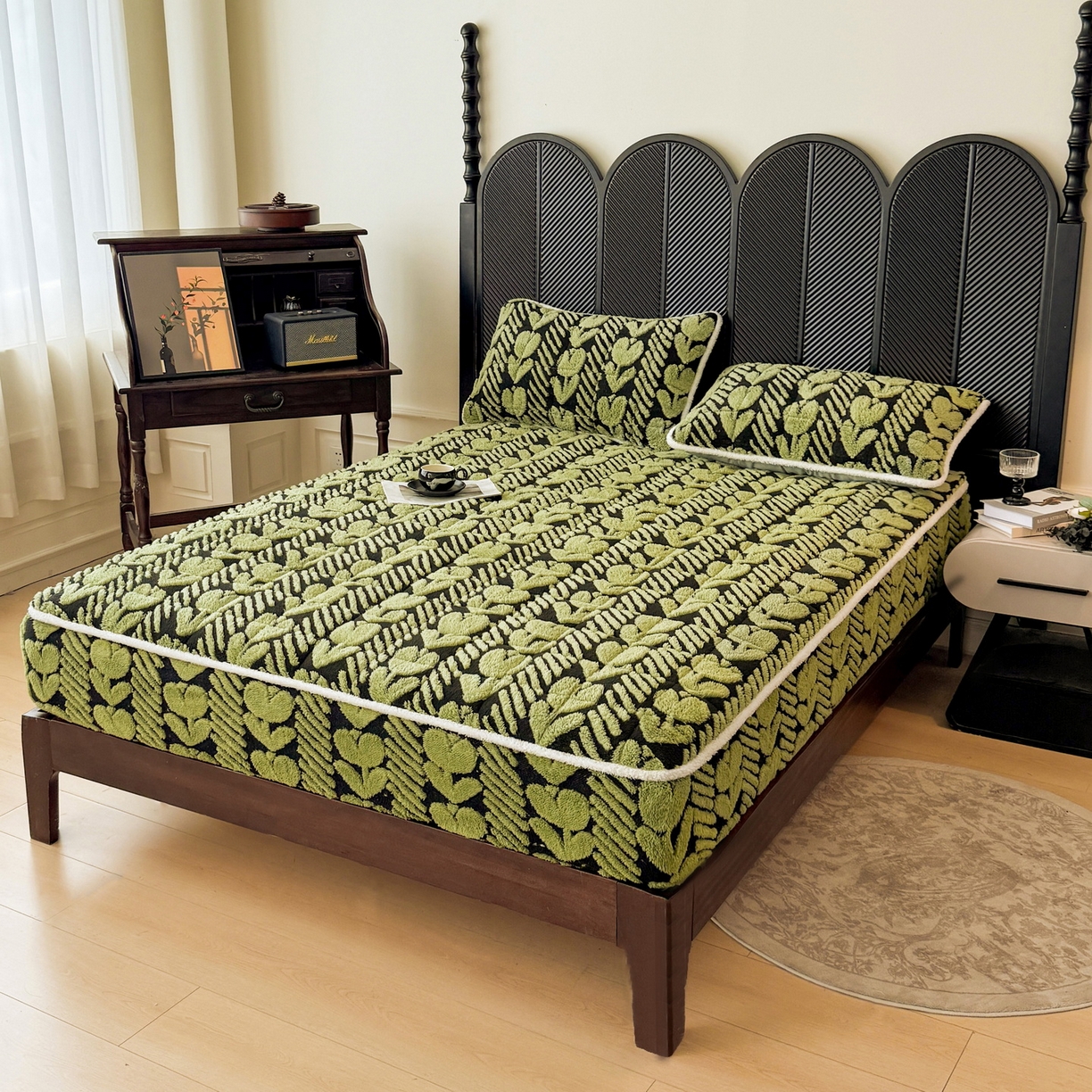 91家纺网 家纺一手货源 找家纺 LIFE.丽芙 2025秋冬新款色纱提花舒棉绒加厚夹棉单床笠款床垫子保护套保暖床罩子三件套 郁金香-草绿