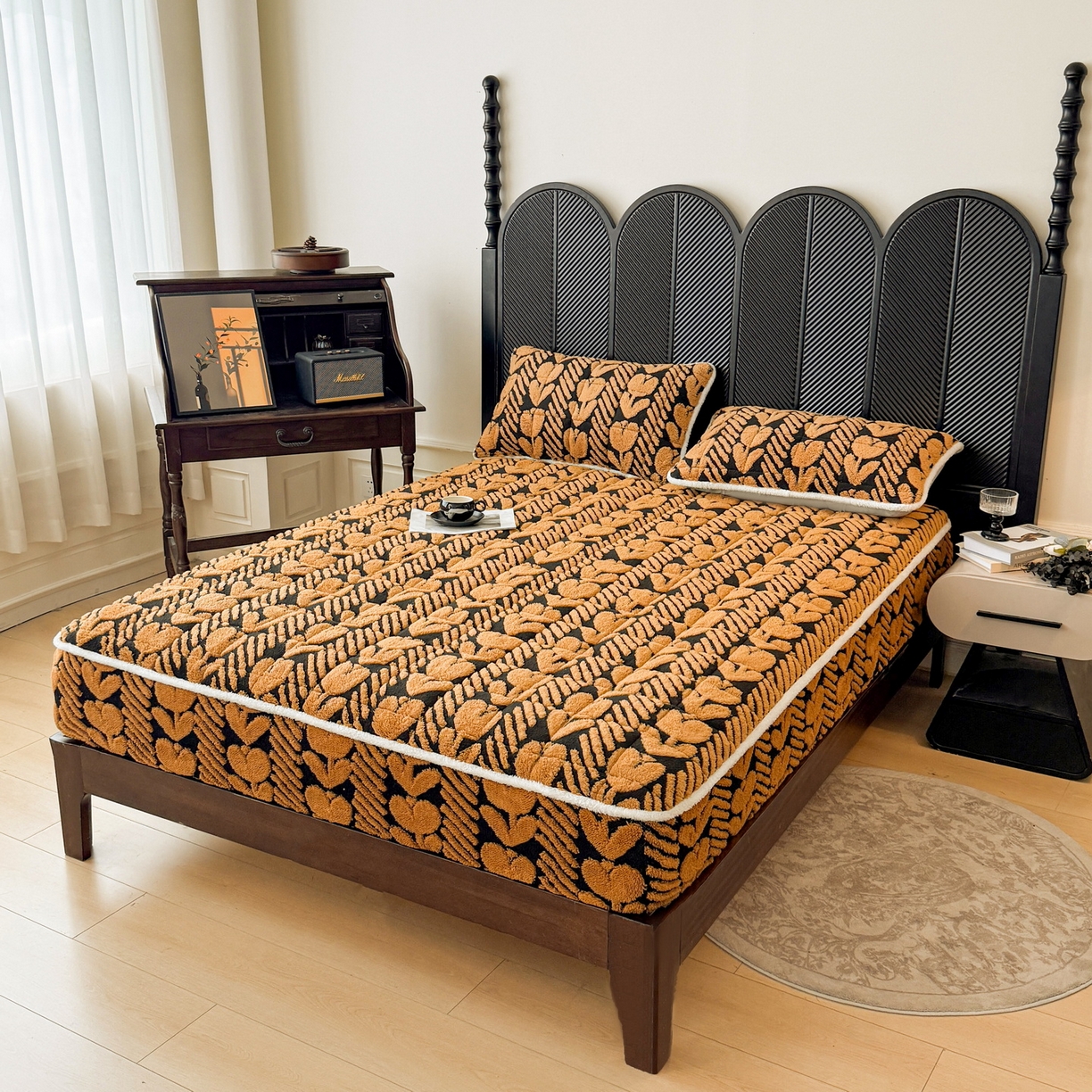 91家纺网 家纺一手货源 找家纺 LIFE.丽芙 2025秋冬新款色纱提花舒棉绒加厚夹棉单床笠款床垫子保护套保暖床罩子三件套 郁金香-黄棕