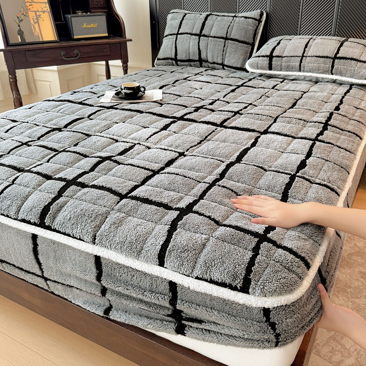 LIFE.丽芙 2025秋冬新款色纱提花舒棉绒加厚夹棉单床笠款床垫子保护套保暖床罩子三件套 格调-灰色