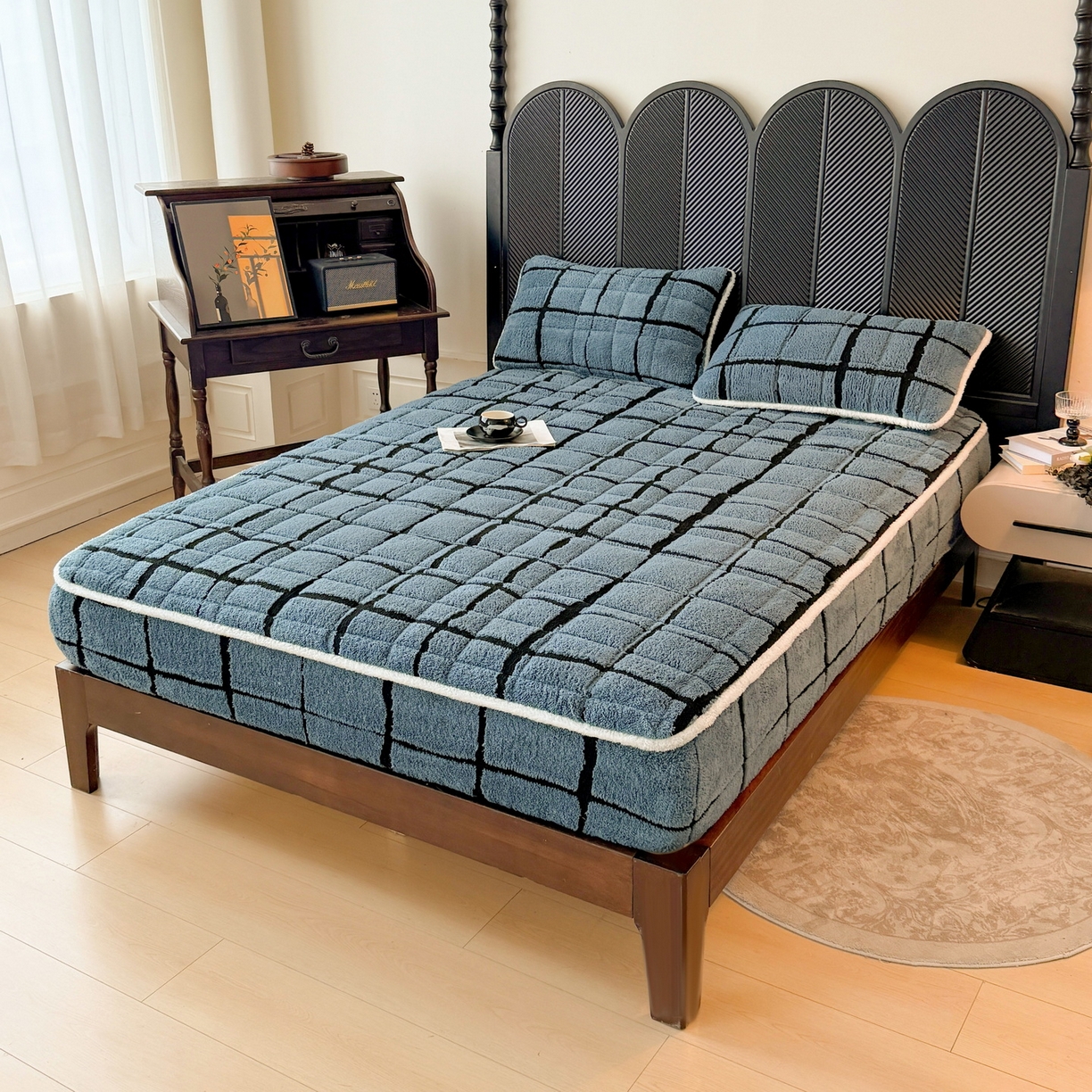 91家纺网 家纺一手货源 找家纺 LIFE.丽芙 2025秋冬新款色纱提花舒棉绒加厚夹棉单床笠款床垫子保护套保暖床罩子三件套 格调-蓝灰