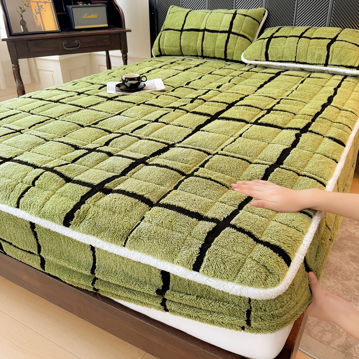 LIFE.丽芙 2025秋冬新款色纱提花舒棉绒加厚夹棉单床笠款床垫子保护套保暖床罩子三件套 格调-草绿