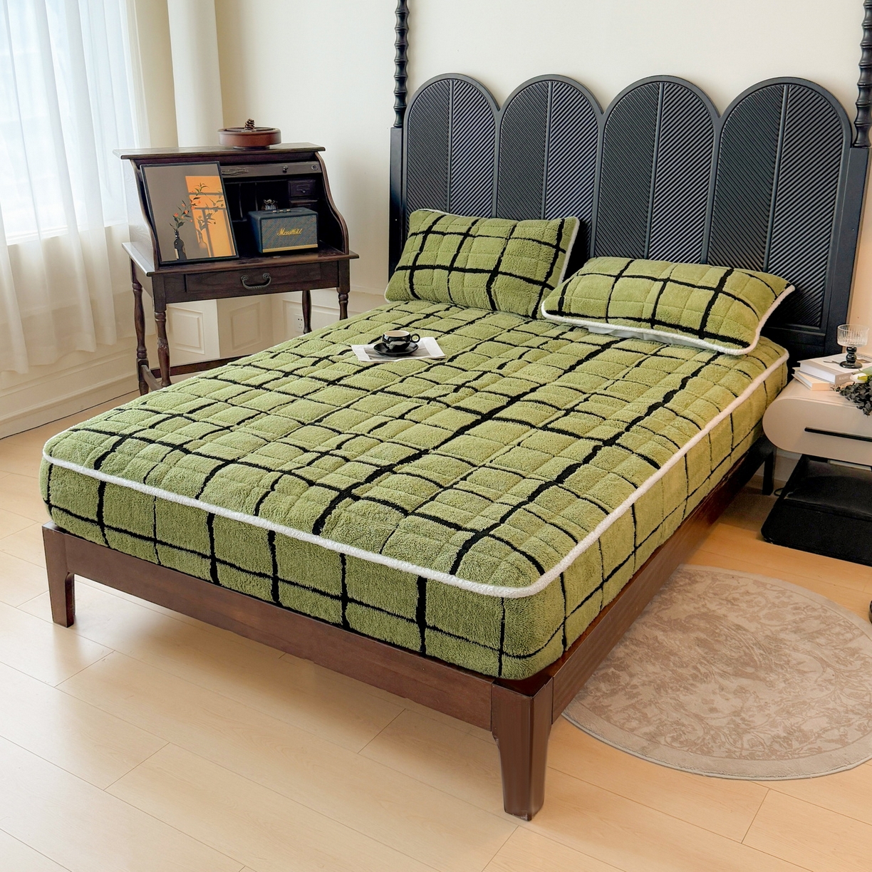 91家纺网 家纺一手货源 找家纺 LIFE.丽芙 2025秋冬新款色纱提花舒棉绒加厚夹棉单床笠款床垫子保护套保暖床罩子三件套 格调-草绿