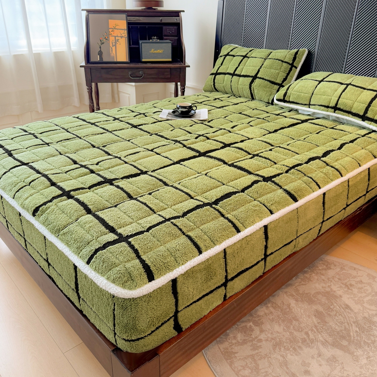 91家纺网 家纺一手货源 找家纺 LIFE.丽芙 2025秋冬新款色纱提花舒棉绒加厚夹棉单床笠款床垫子保护套保暖床罩子三件套 格调-草绿