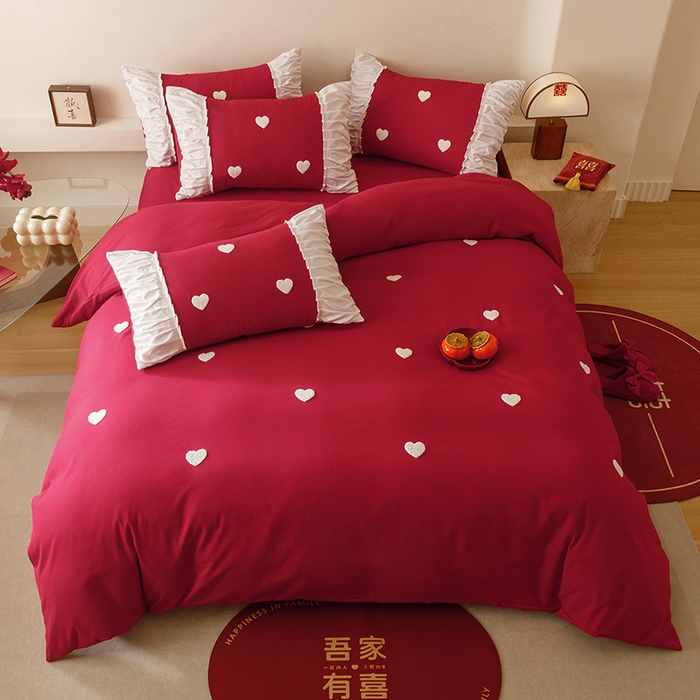 91家纺网 家纺一手货源 找家纺 （总）苏源家居 2025新款小爱心买家秀婚庆刺绣大红结婚四件套