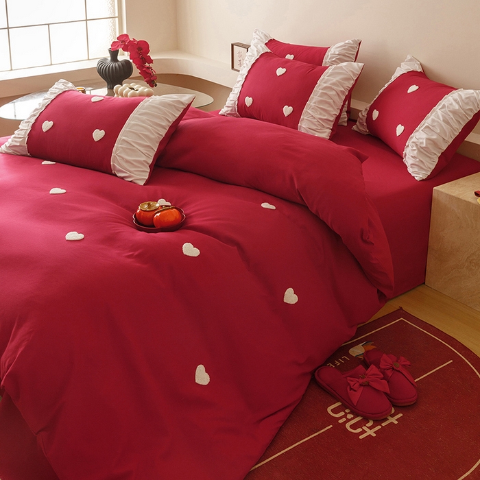 91家纺网 家纺一手货源 找家纺 苏源家居 2025新款小爱心买家秀婚庆刺绣大红结婚四件套 心心相印-白