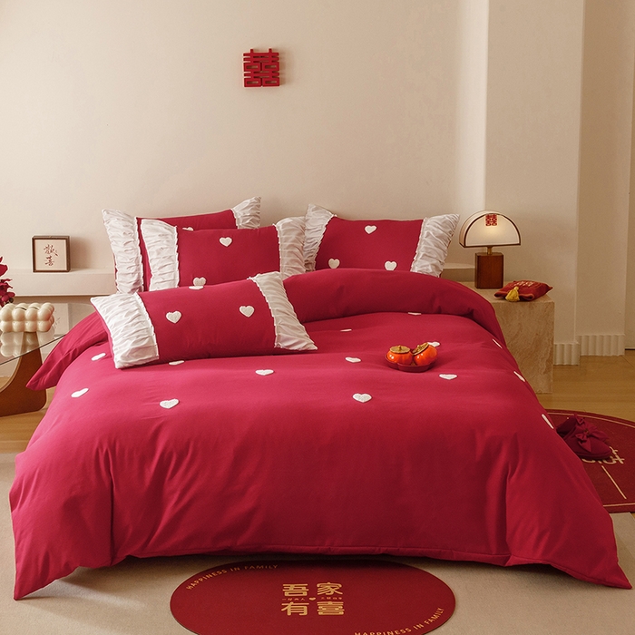 91家纺网 家纺一手货源 找家纺 苏源家居 2025新款小爱心买家秀婚庆刺绣大红结婚四件套 心心相印-白