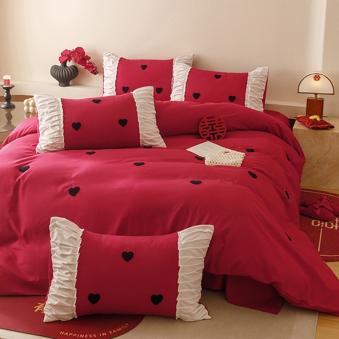 91家纺网 家纺一手货源 找家纺 苏源家居 2025新款小爱心买家秀婚庆刺绣大红结婚四件套 心心相印-黑