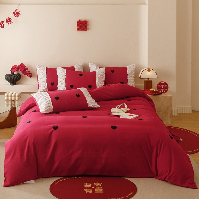 91家纺网 家纺一手货源 找家纺 苏源家居 2025新款小爱心买家秀婚庆刺绣大红结婚四件套 心心相印-黑