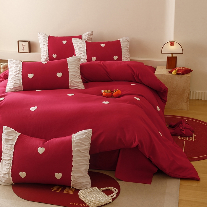 91家纺网 家纺一手货源 找家纺 （总）苏源家居 2025新款小爱心买家秀婚庆刺绣大红结婚四件套